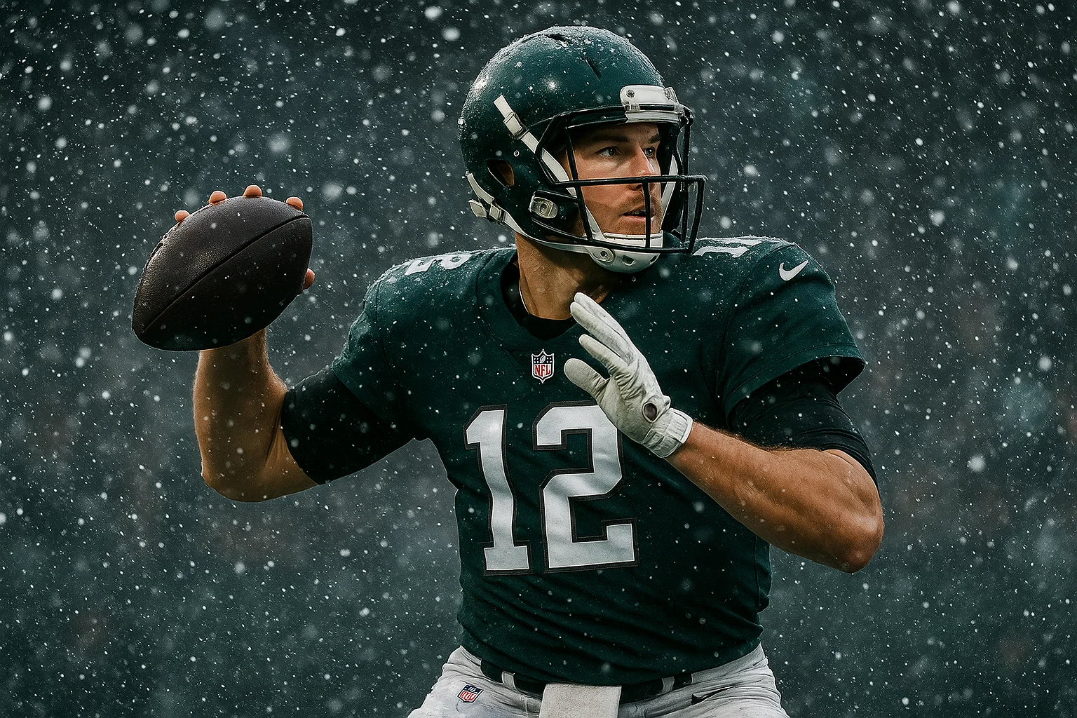 An American football player in a snowy game representing the ujersey NFL collection